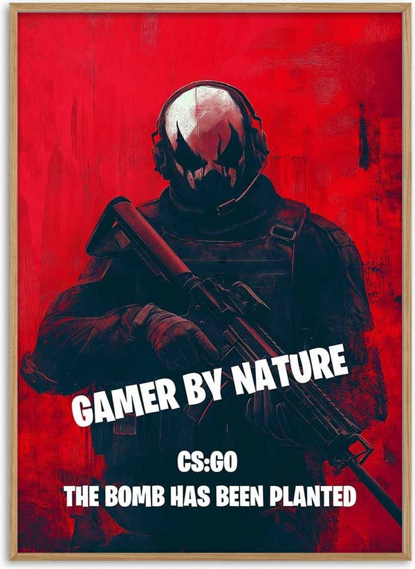 Poster of a masked gamer in tactical gear with "Gamer by Nature" and CS:GO quote on a red background.
