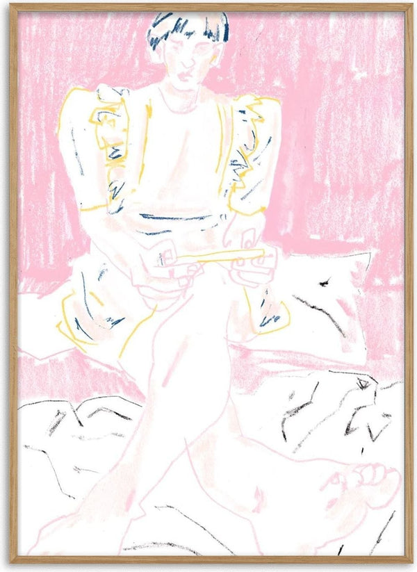 Sketch of a girl with short hair in a dress, sitting on a bed, holding a game controller against a pink background.