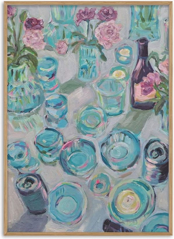 Garden Summer Party by DNF - turquoise plates, glasses and pink flowers on a pale grey table