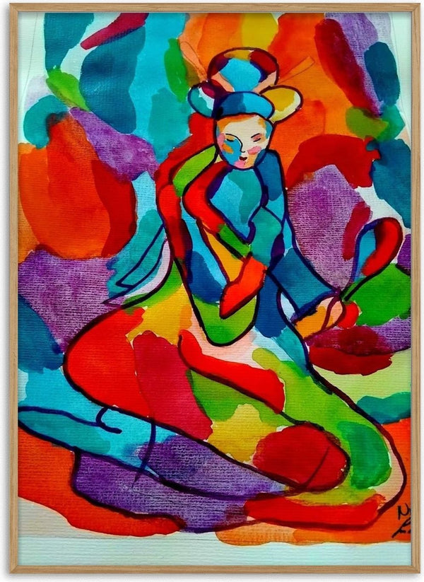 Geisha by Nittaart - a kneeling geisha in ink line over bright watercolour patches