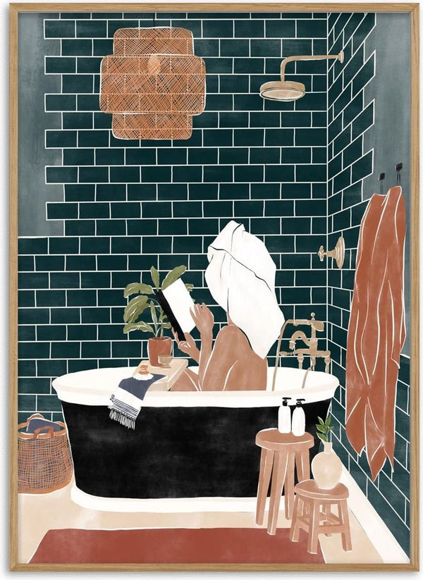 Illustration of a woman relaxing in a hot tub, reading a book with a towel on her head in a stylish bathroom.
