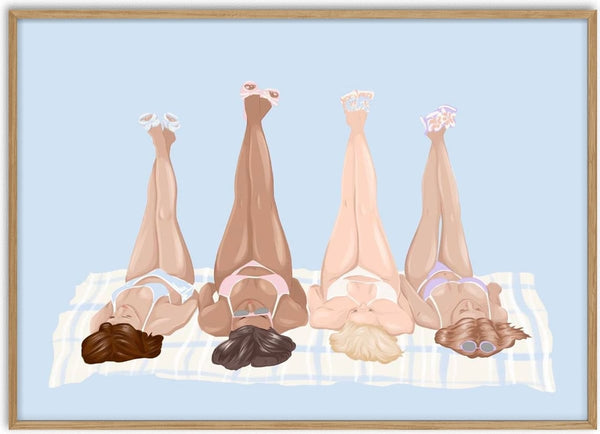 Girls at the Beach poster by Lisen Vennesland with four women sunbathing on a towel seen from above