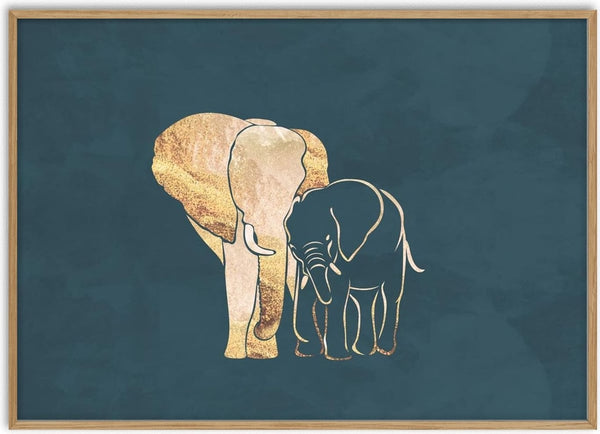 Artwork of a gold-toned elephant mother with her baby on a dark background, by Sarah Manovski.