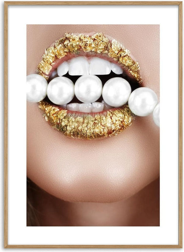 Close-up of gold-painted lips holding a string of white pearls, featured on the Golden Lips poster.