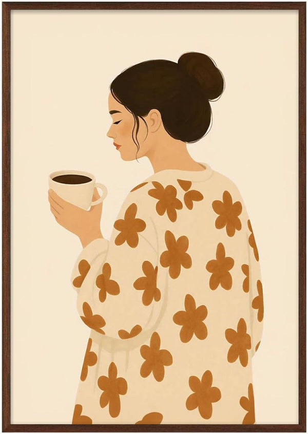 Illustration of a woman in a floral robe holding a coffee mug, featured on Good Morning by Annika Persson.