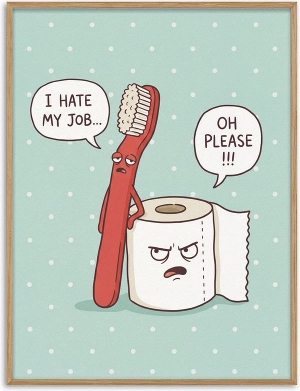 Cartoon toothbrush and toilet paper roll with speech bubbles, from Grumpy Bathroom Talk by Andreas Magnusson.