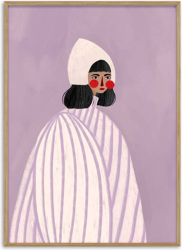 Illustration of a woman with a white hat and striped cloak on a lavender background from The Woman With the White Hat.