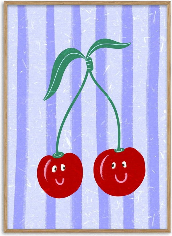 Two smiling cherries with green leaves on a blue and purple striped background.