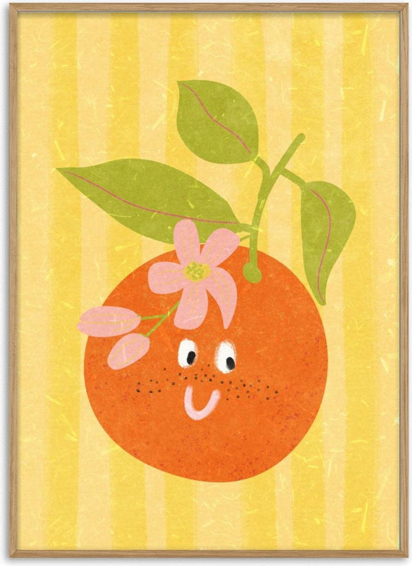 Illustrated orange with a smiling face, green leaves, and pink flower on a yellow striped background.