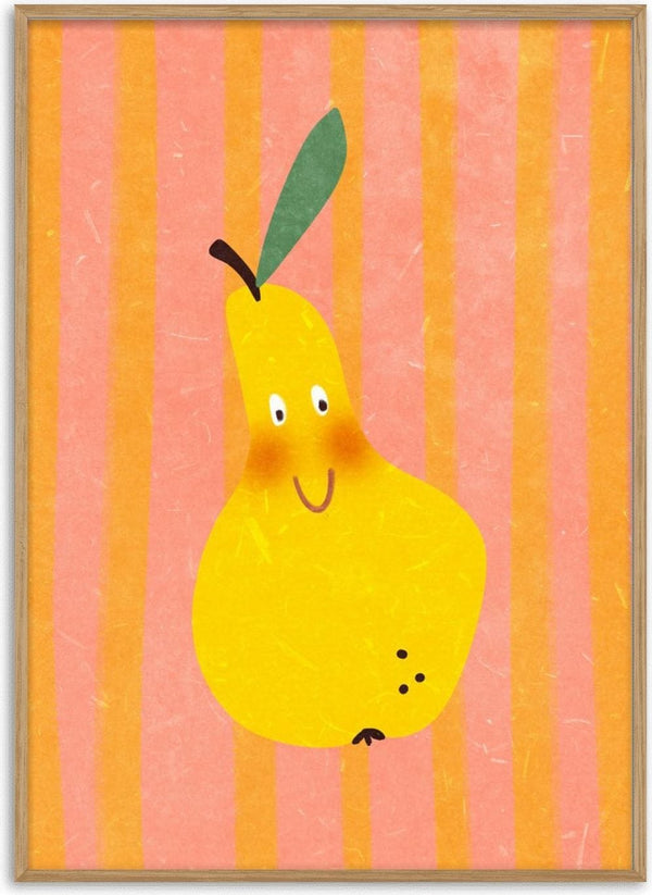Illustrated yellow pear with a smiling face and leaf, on a pink and orange striped background.