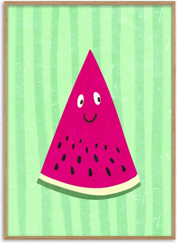 Illustration of a smiling watermelon slice with black seeds on a green striped background.