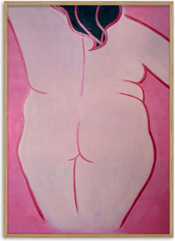 Her time by karti - woman seen from behind painted in pale pink with raspberry outlines on a pink background
