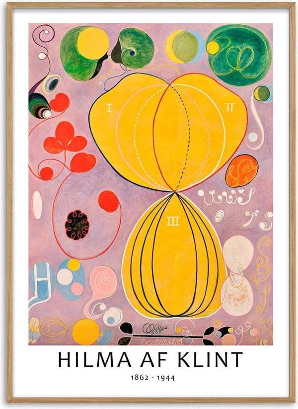 Colorful abstract painting with yellow, green, and red shapes on a purple background by Hilma af Klint.