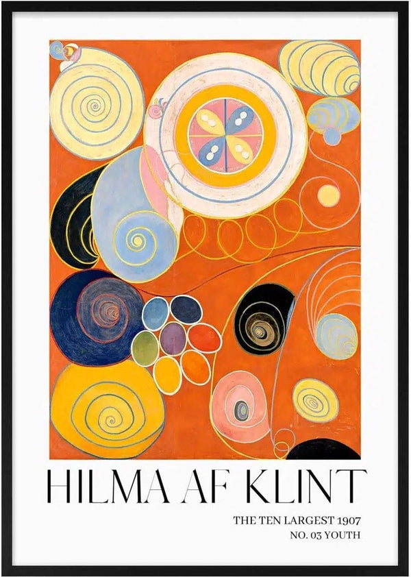 Abstract artwork with colorful spirals and shapes on orange background; Hilma af Klint – Youth No. 3 Plakat.