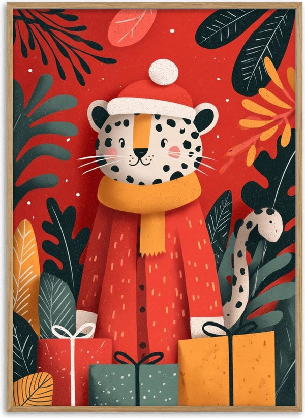 Festive cheetah in a Santa hat and scarf, surrounded by gifts and holiday foliage on a red background.