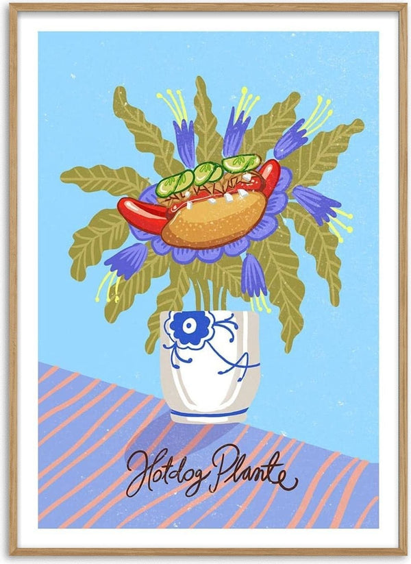 Illustration of a hotdog with toppings as the blossom of a plant in a vase, labeled "Hotdog Plante."