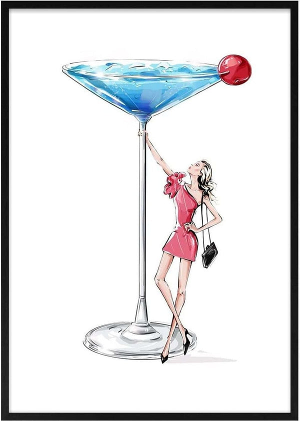 Illustration of a woman in a red dress beside an oversized martini glass with a cherry, for "I Need a Drink - Vincent V."