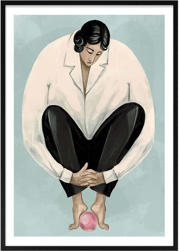 Illustration of a person sitting alone, hugging knees, balancing on a pink ball against a blue background.