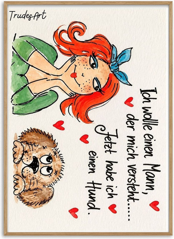 Ich wollte einen Mann by Trude - a red-haired girl and a shaggy dog with a handwritten German line