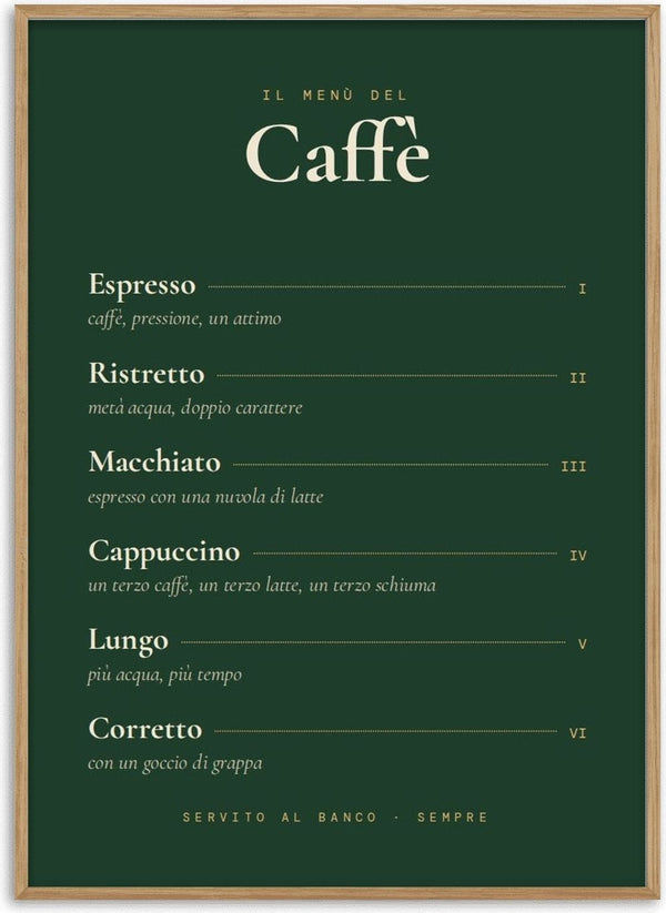 Il Menù del Caffè by ARTSY FARTSY, Italian coffee menu typography poster in cream and gold on bottle green