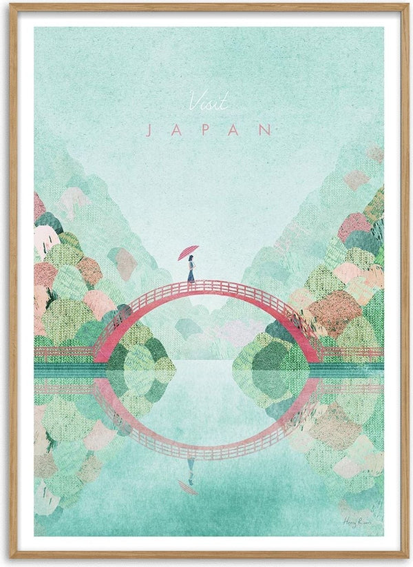 Illustration of a person with an umbrella on a red bridge over water, scenic mountains in Japan by Henry Rivers.