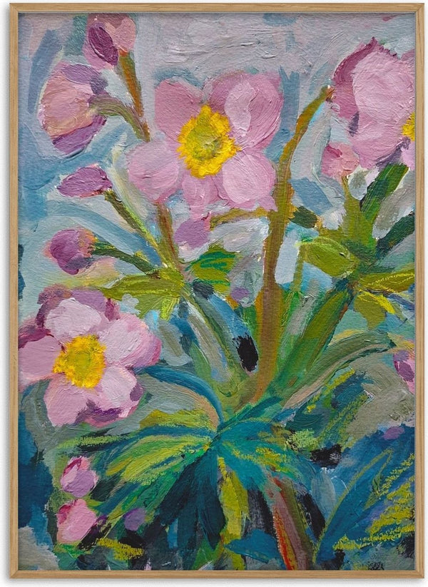 Japanese Anemone by DNF - pink anemones with yellow centres above green leaves