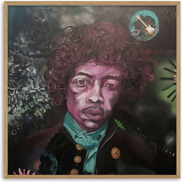 Jimi Hendrix by creatievananne - the guitarist in plum and pink against a dark stencilled ground