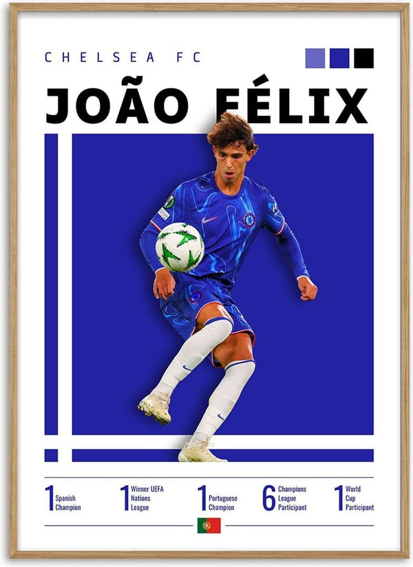Poster of João Fêlix in Chelsea FC kit, mid-action with football, stats and club colors displayed.
