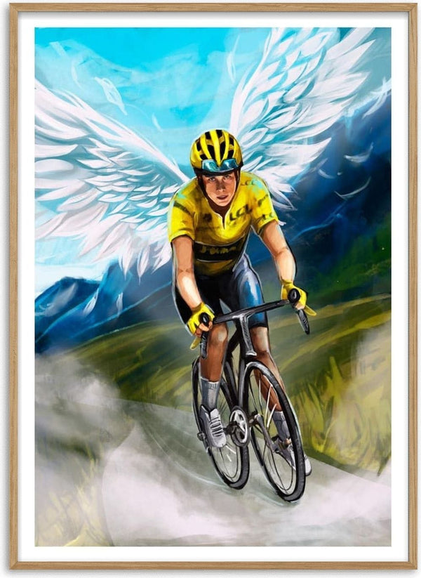 Illustration of Jonas Vingegaard cycling uphill with angel wings, set against a mountain landscape.