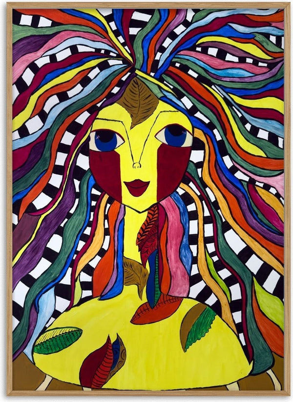 Kaleidoscopic Minds by Bibi - a yellow face with hair spreading in coloured ribbons