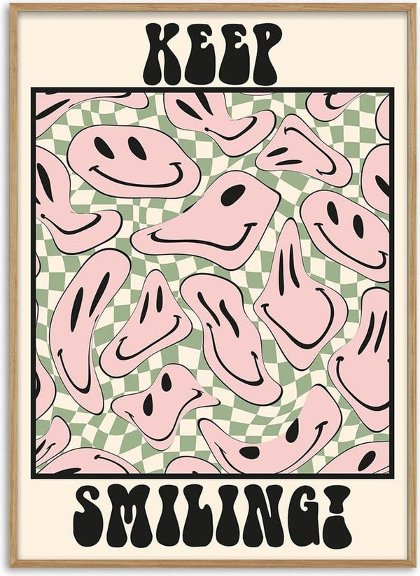 Poster with pink smiley faces on a green checkerboard background and the text "Keep Smiling!" at top and bottom.