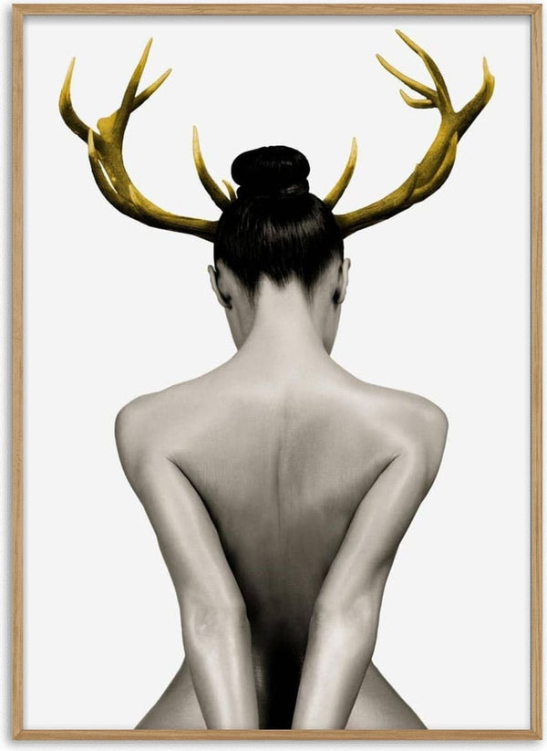 Artistic poster of a nude woman from behind with golden antlers on her head against a plain background.