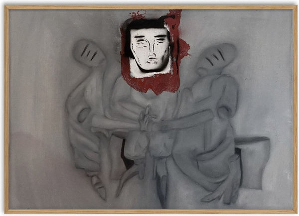 L. by Julian staal - three grey figures around a drawn face on a torn red patch