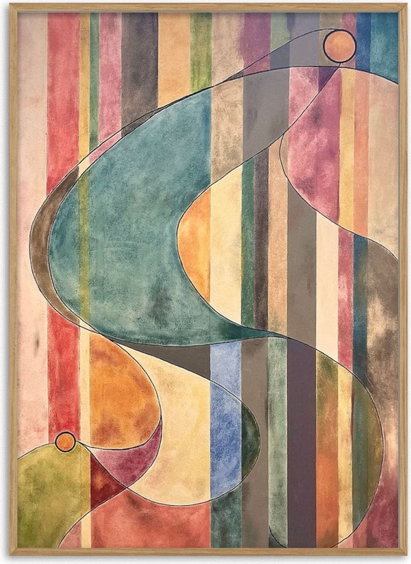 Labyrinth by Art Guveau - abstract painting of a teal winding band over muted vertical stripes