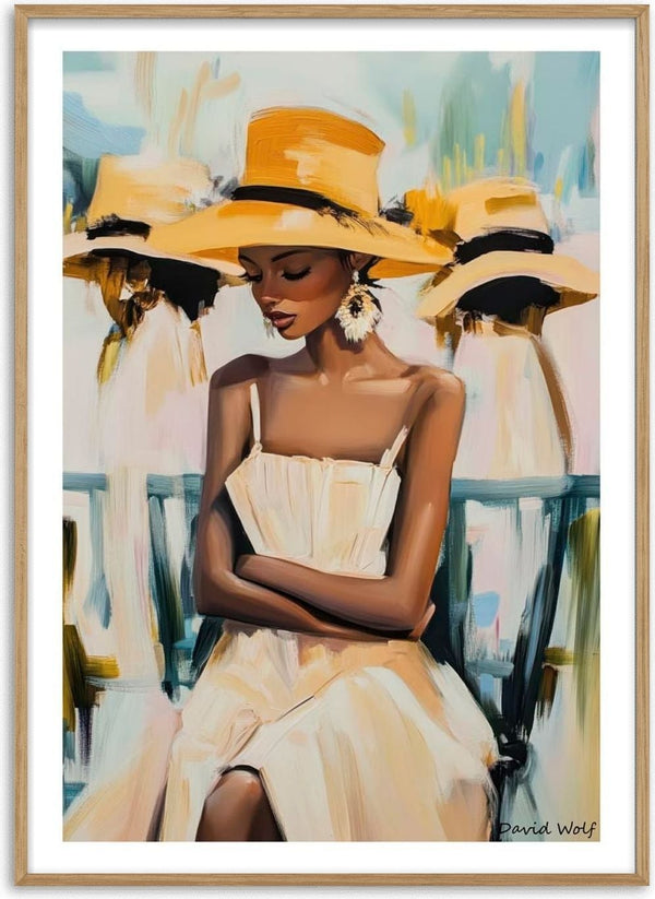 Painting of a woman in a white dress and straw hat, sitting with arms crossed; others in hats are behind her.