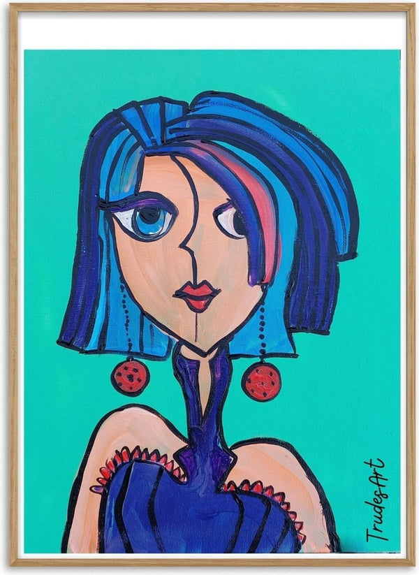 Lady Kontrast by Trude - a split-faced portrait with a cobalt and pink bob on flat green