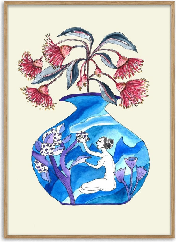 Laides Gum Blossom by Marjorie Salvagni - red gum blossom in a round cobalt vase painted with a figure