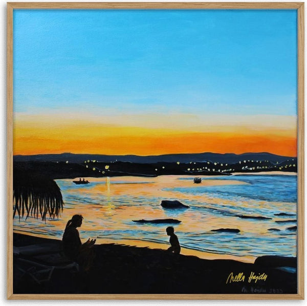 Last Rays by Nella Hajdu - woman and child in silhouette on a beach with an orange sunset over gold water