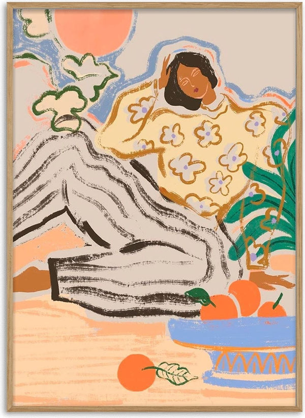 Illustrated woman lounging in floral sweater and striped pants near a bowl of oranges, plants, and abstract shapes.