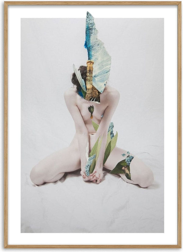 Letargo I by Rocio Montoya - seated nude figure with a turquoise collage head and green leaves