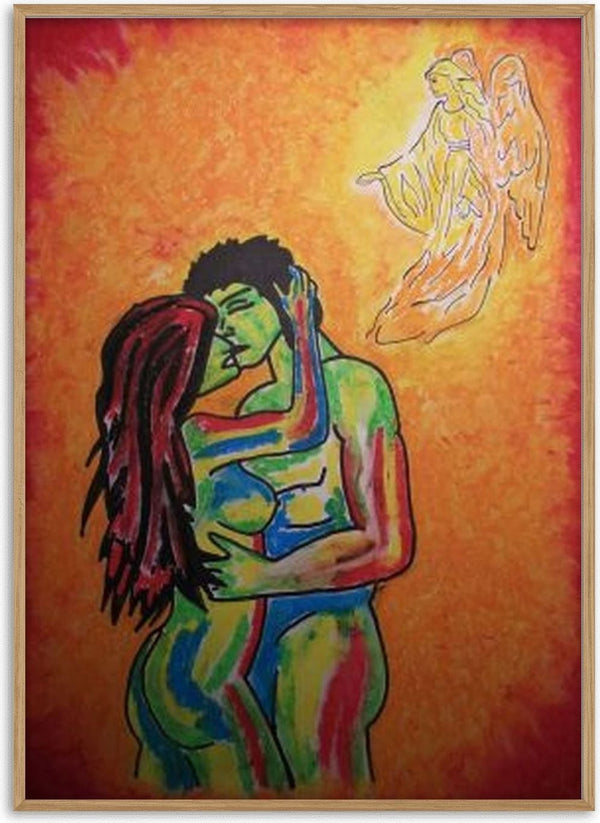 Liebe und Psyche by Olaf Baier - a couple kissing in green, blue and red with an outlined angel above
