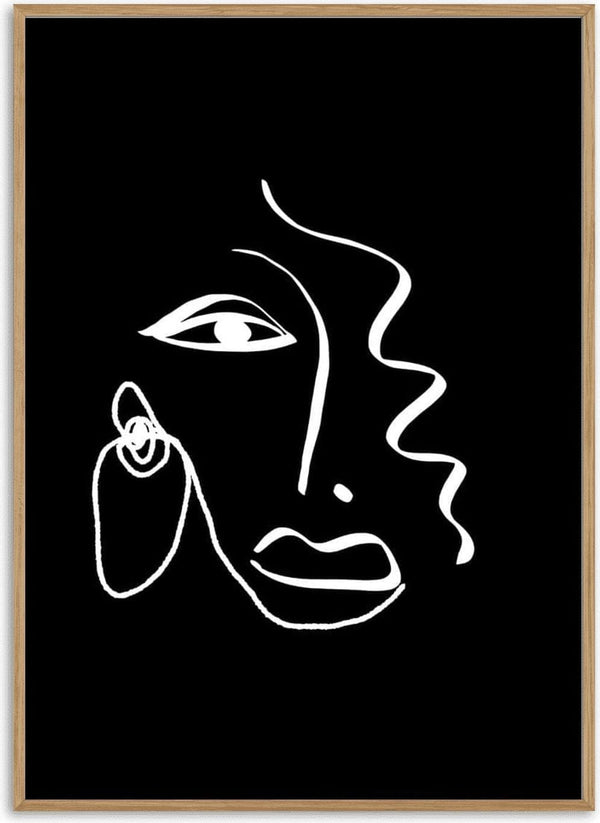 Minimalist line art poster of a face on black background, featuring simple white lines and an abstract style.