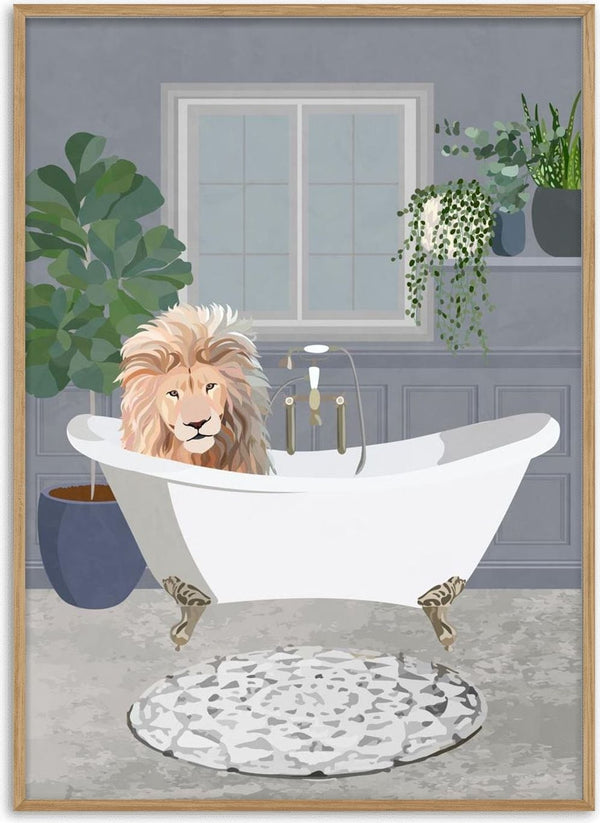 Illustration of a lion in a white bathtub, surrounded by plants, from "Lion takes a bath" by Sarah Manovski.