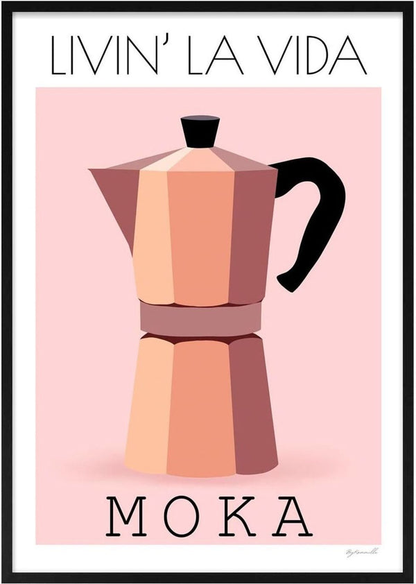 Stylized moka pot illustration with "Livin’ La Vida Moka" text on a pink background for ByKammille product page.