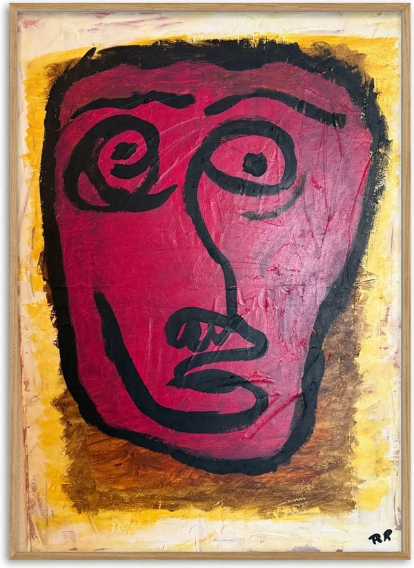 Livrädd by RR - a deep magenta face with thick black lines on an ochre and cream border