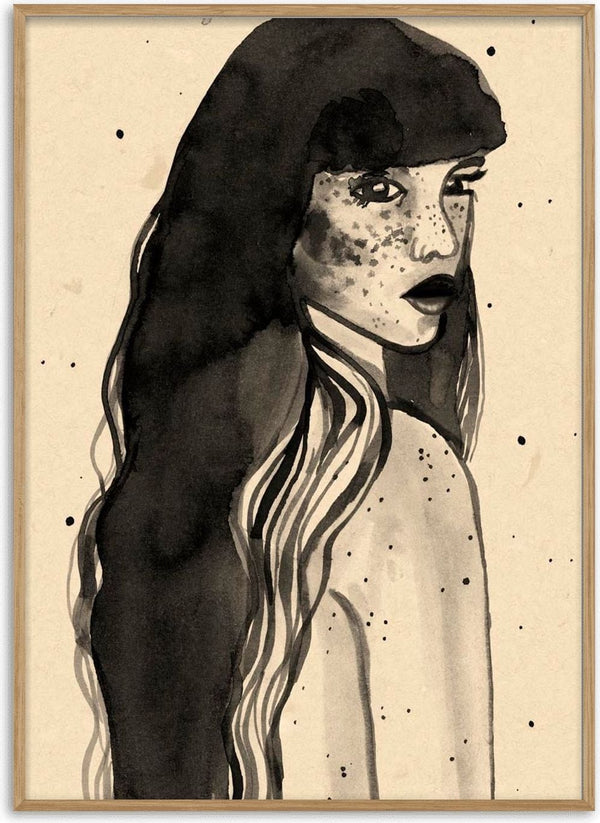 Artistic illustration of a long-haired woman with freckles, featured on the Long Hair Lady - Raissa Oltmanns product page.