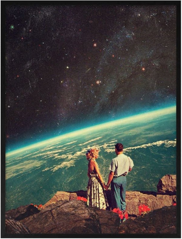 A couple holds hands on a mountaintop, gazing at Earth and stars in a surreal cosmic landscape.