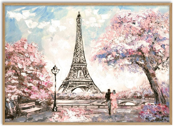 Romantic couple walks near Eiffel Tower, surrounded by blooming pink trees, on the Love in Paris Plakat.