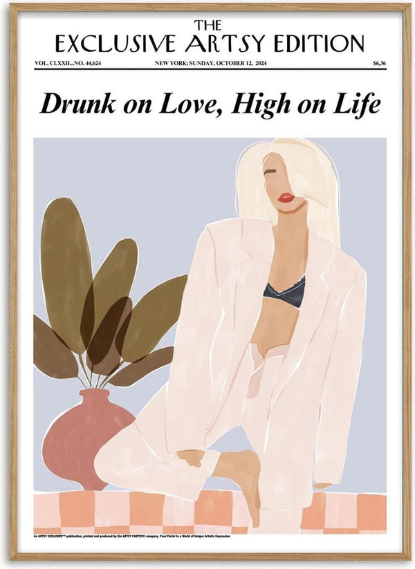 Minimalist artwork of a woman in an oversized shirt, Love Life - Artsy Edition product page, muted colors and plants.