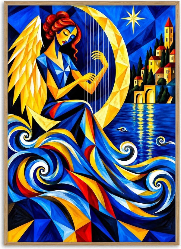 Luna by Andreas Gerlach - a winged figure playing a gold crescent moon as a harp above curling waves